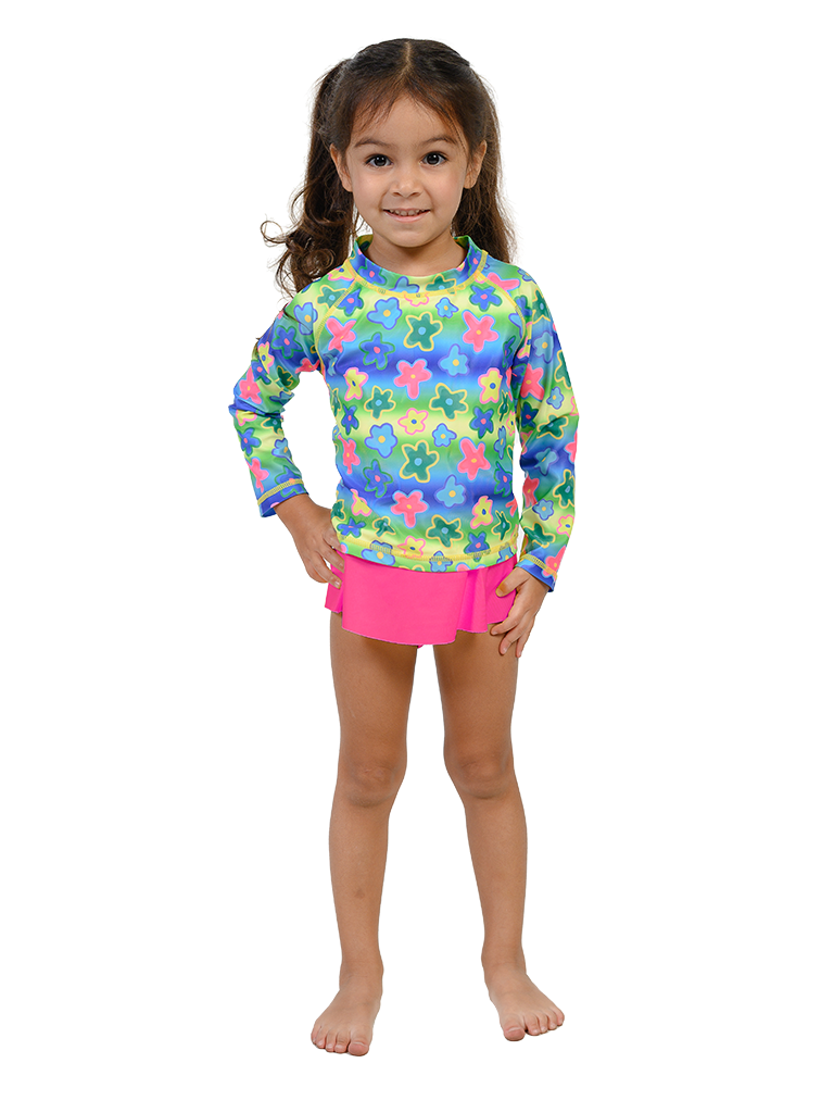 Rash guard top with skirted bottom in Summer Blossom print.