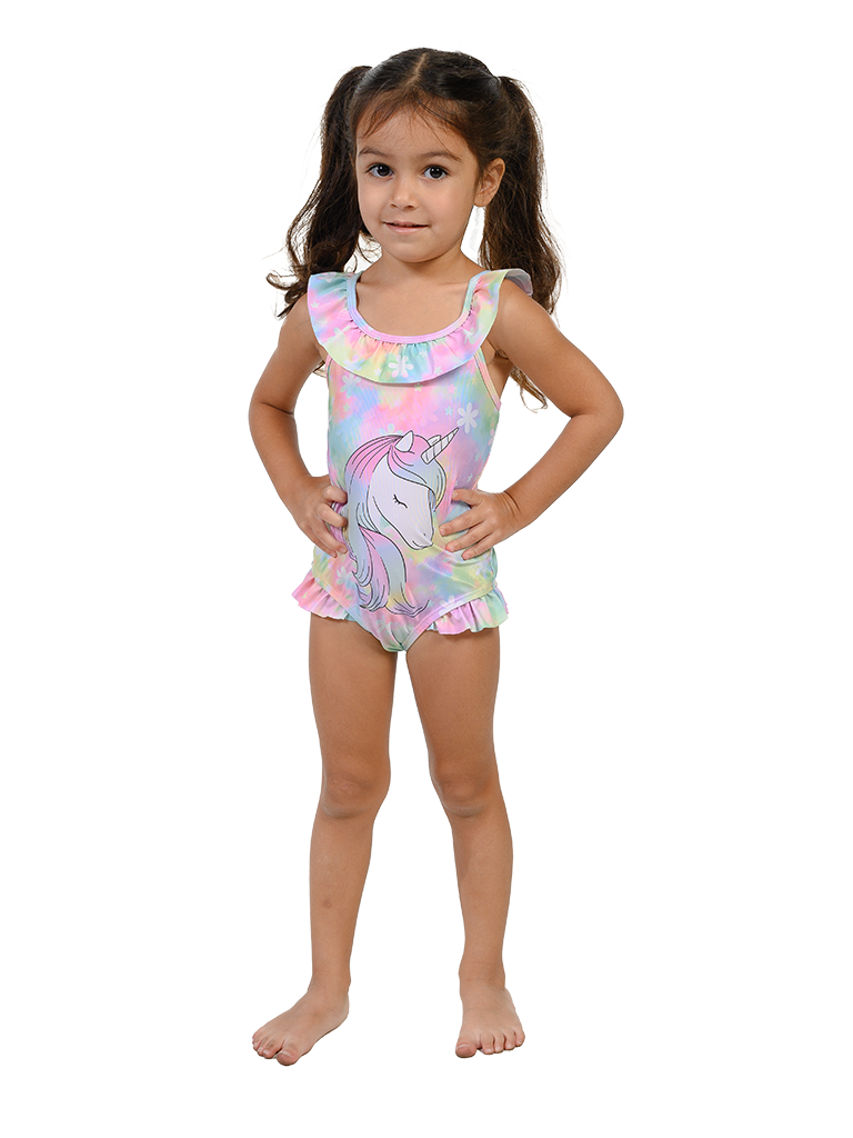 Ruffle top one piece swimsuit with unicorn graphic on the front on a tie dye background