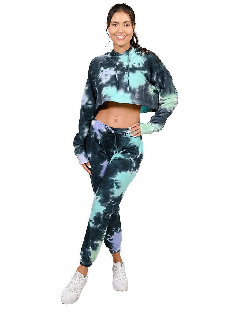 Cropped hoodie in violet, navy and aqua.