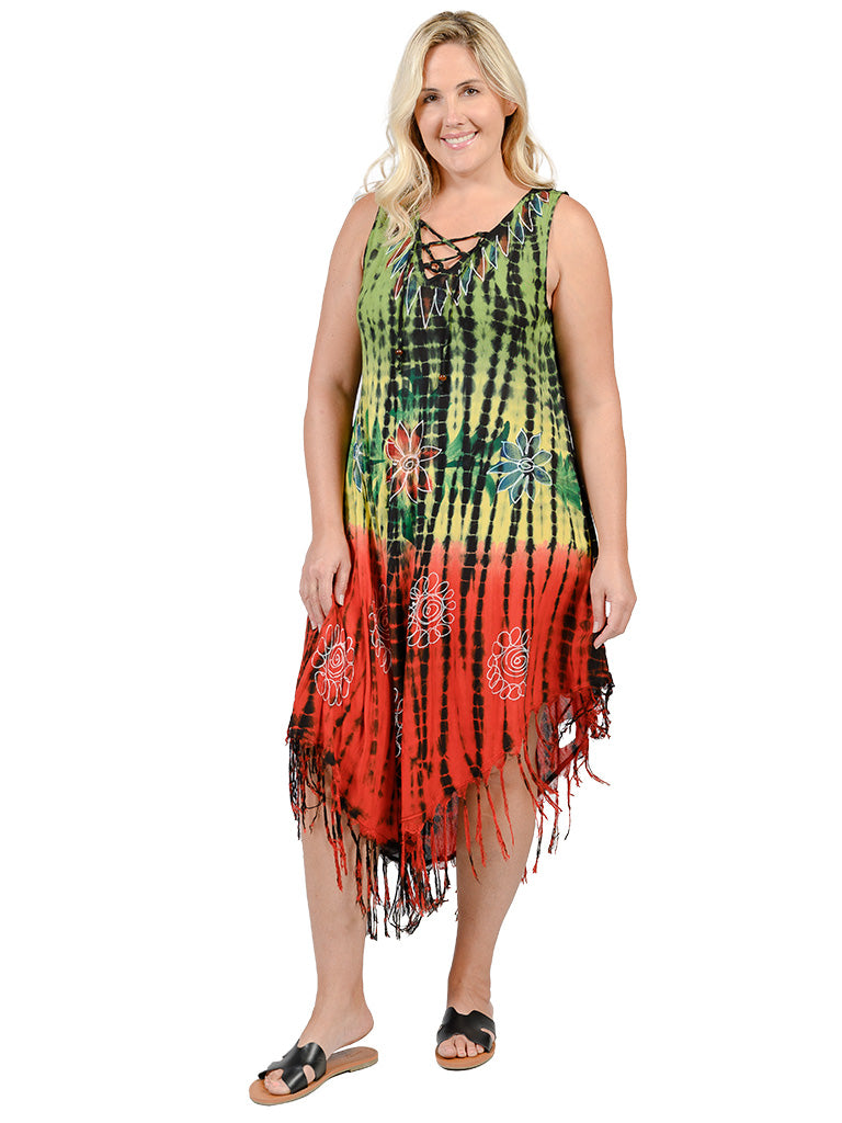 Umbrella dresses with a lace-up v-neck front and a fringe bottom