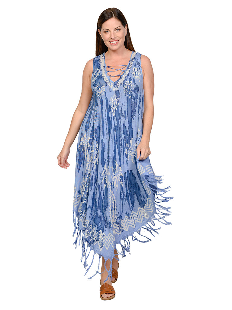 Umbrella dresses with a lace-up v-neck front and a fringe bottom