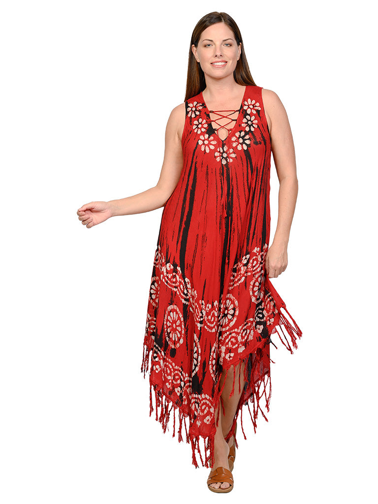 Umbrella dresses with a lace-up v-neck front and a fringe bottom