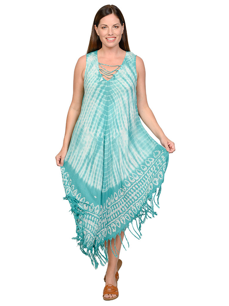 Umbrella dresses with a lace-up v-neck front and a fringe bottom