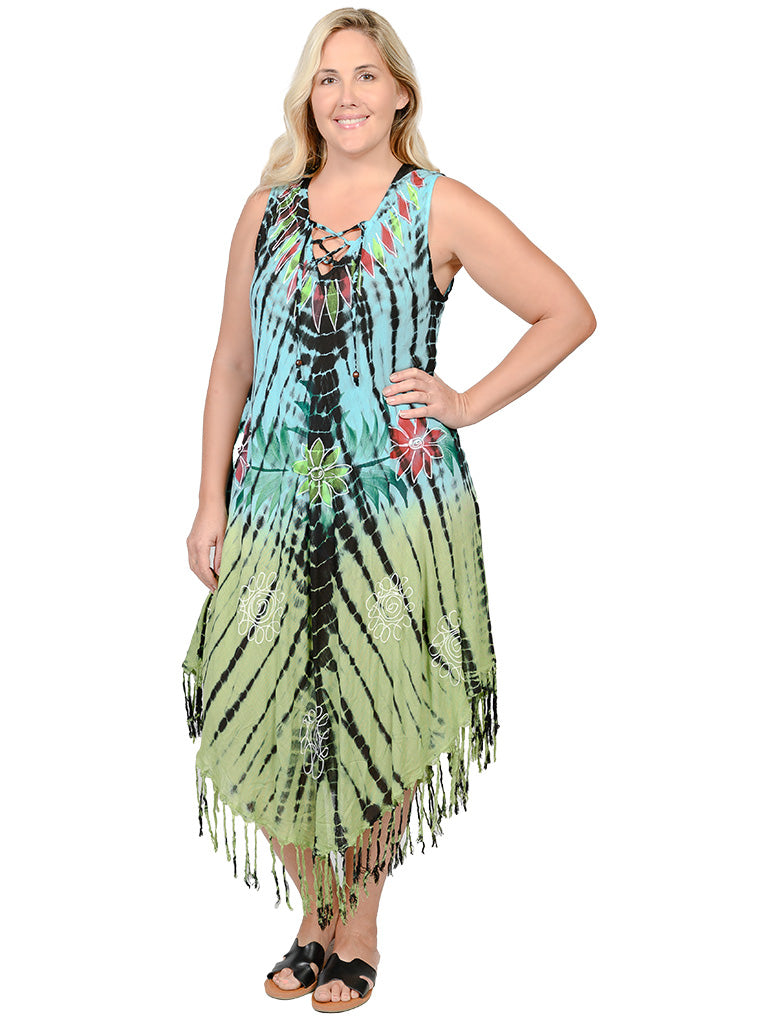 Umbrella dresses with a lace-up v-neck front and a fringe bottom