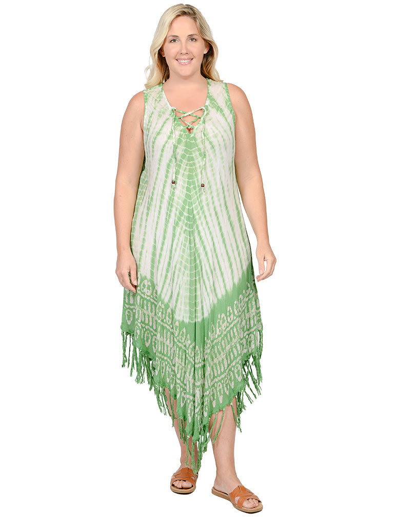 Umbrella dresses with a lace-up v-neck front and a fringe bottom