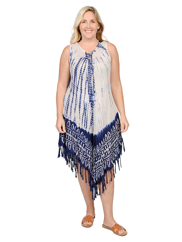 Umbrella dresses with a lace-up v-neck front and a fringe bottom