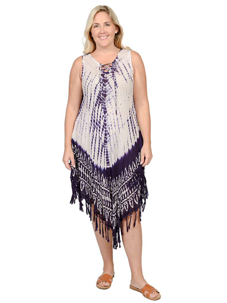 Umbrella dresses with a lace-up v-neck front and a fringe bottom
