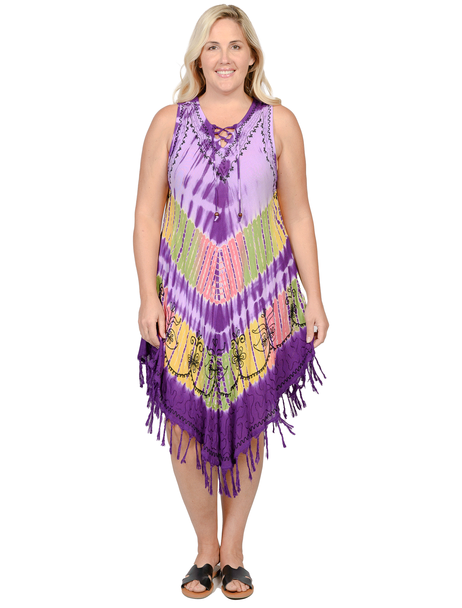 Umbrella dresses with a lace-up v-neck front and a fringe bottom