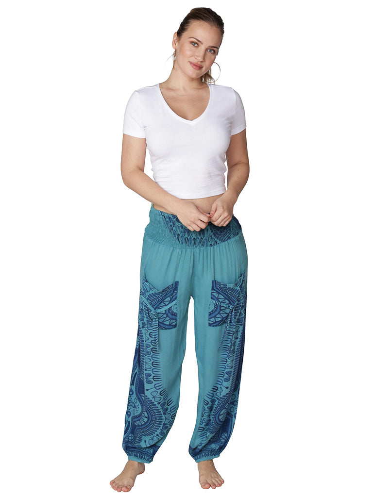 Teal and navy batik print smocked waist harem pant