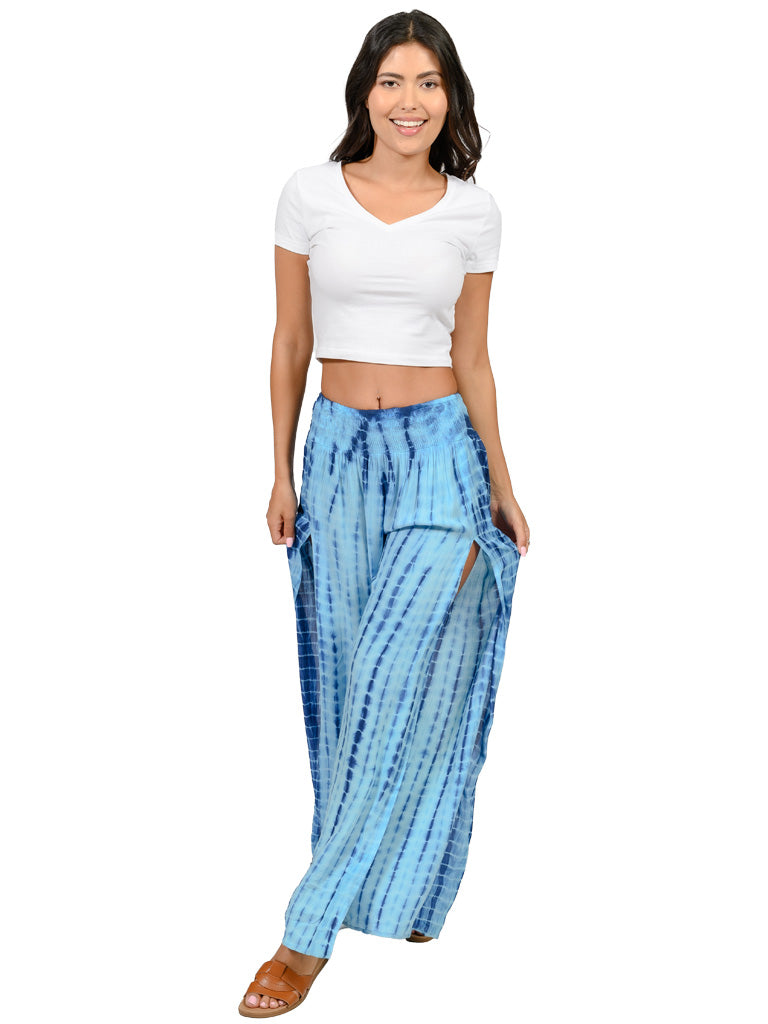 Tie Dye smocked waist, open leg pants in four color styles.