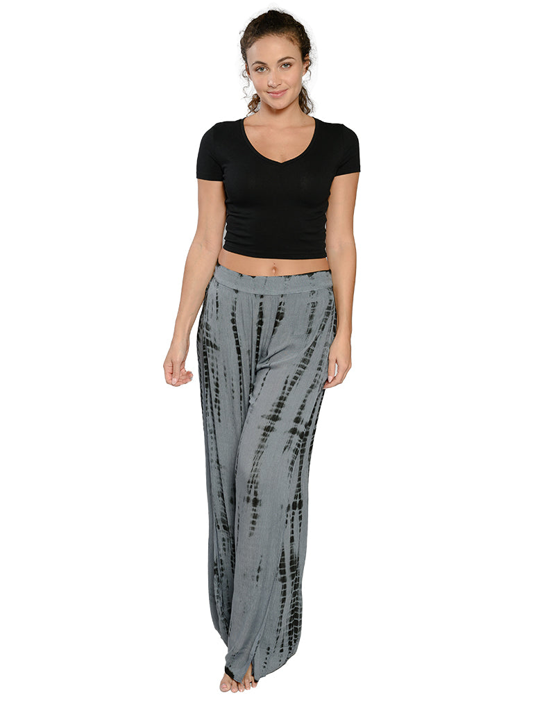 Smocked open leg pant in Black / grey tie dye