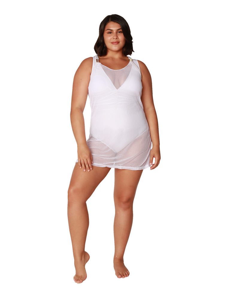 Sport mesh tank dress with bungee trim in white