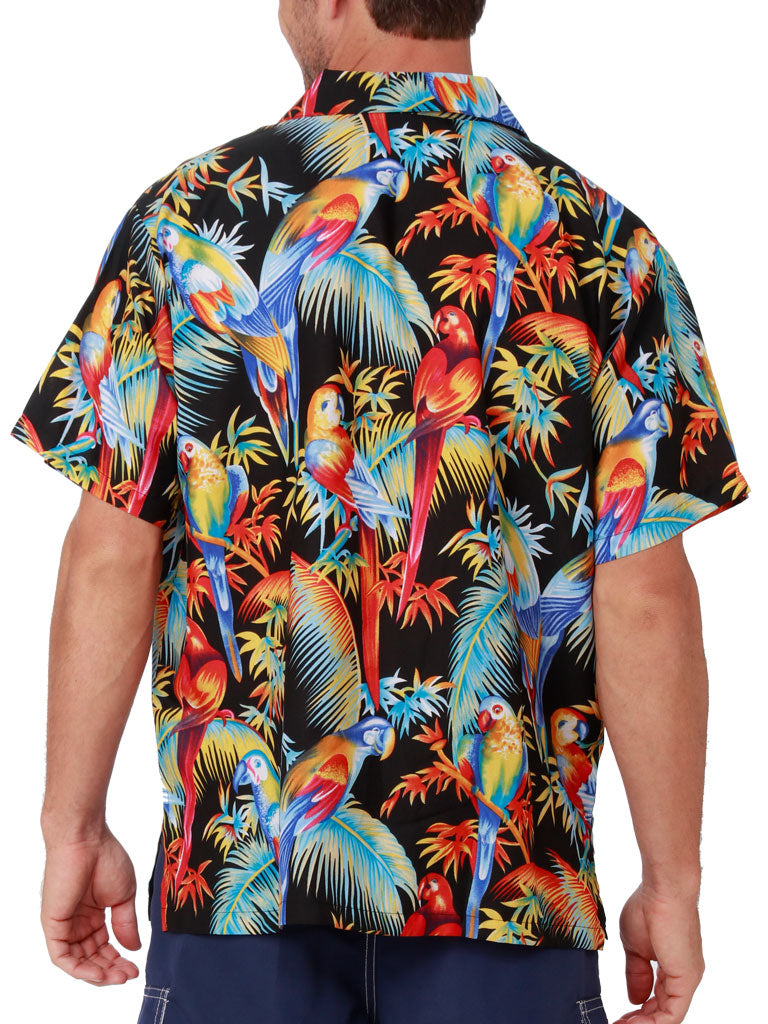 KOHS31-Black Parrot Print shirt, back view.
