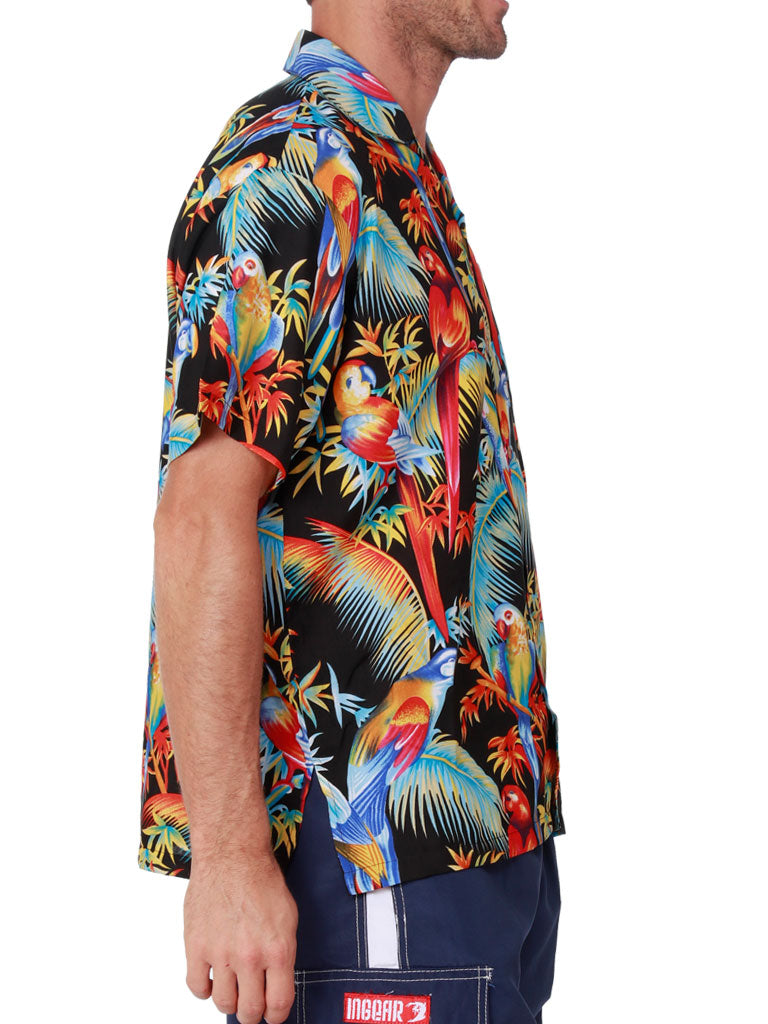 KOHS31- Black Parrot print shirt, side view