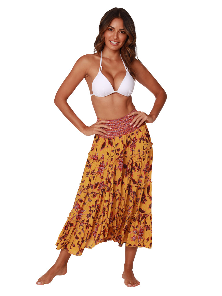 Soft and ample ruffle skirt in a printed floral, smoked on the top for extra emphasis. Front View