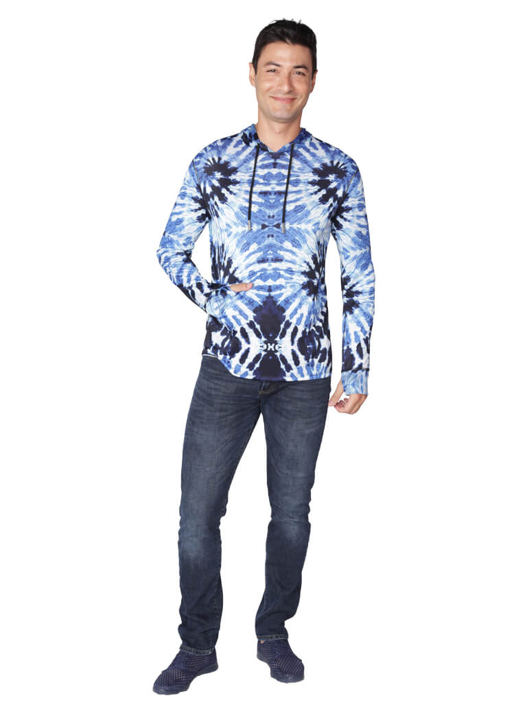 Blue tie dye hoodie, front view
