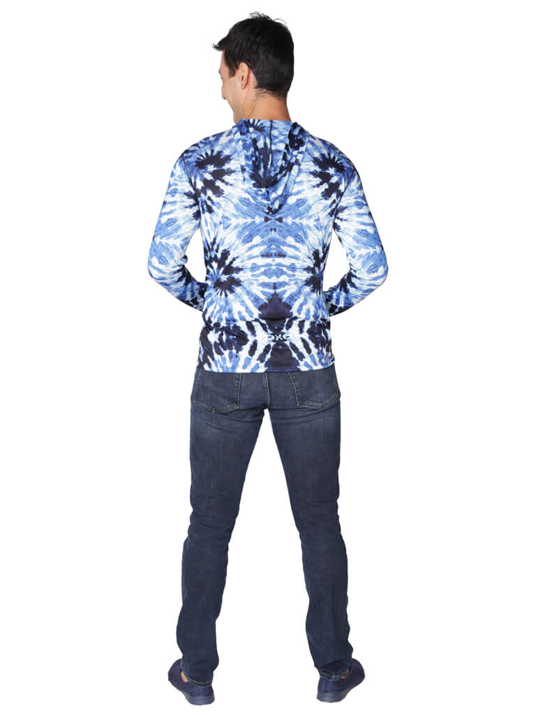 Blue tie dye hoodie, back view