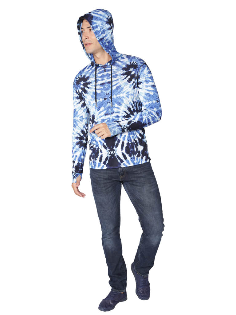 Blue tie dye hoodie, hoodie is up