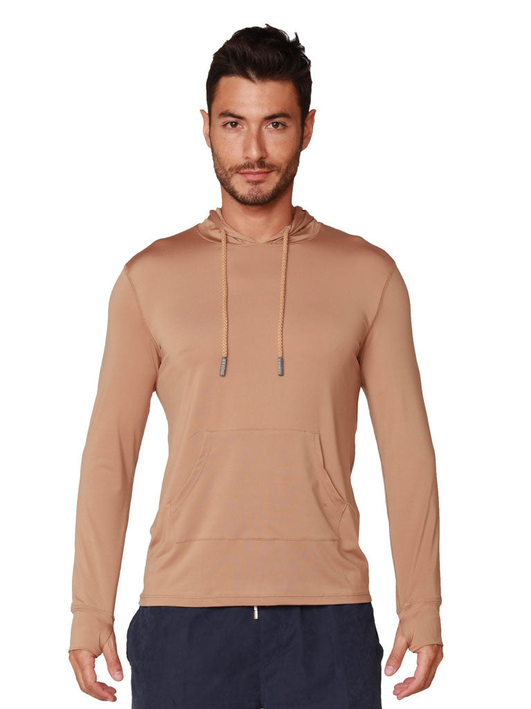 Tan SPF-50 Hoodie front view hoodie off
