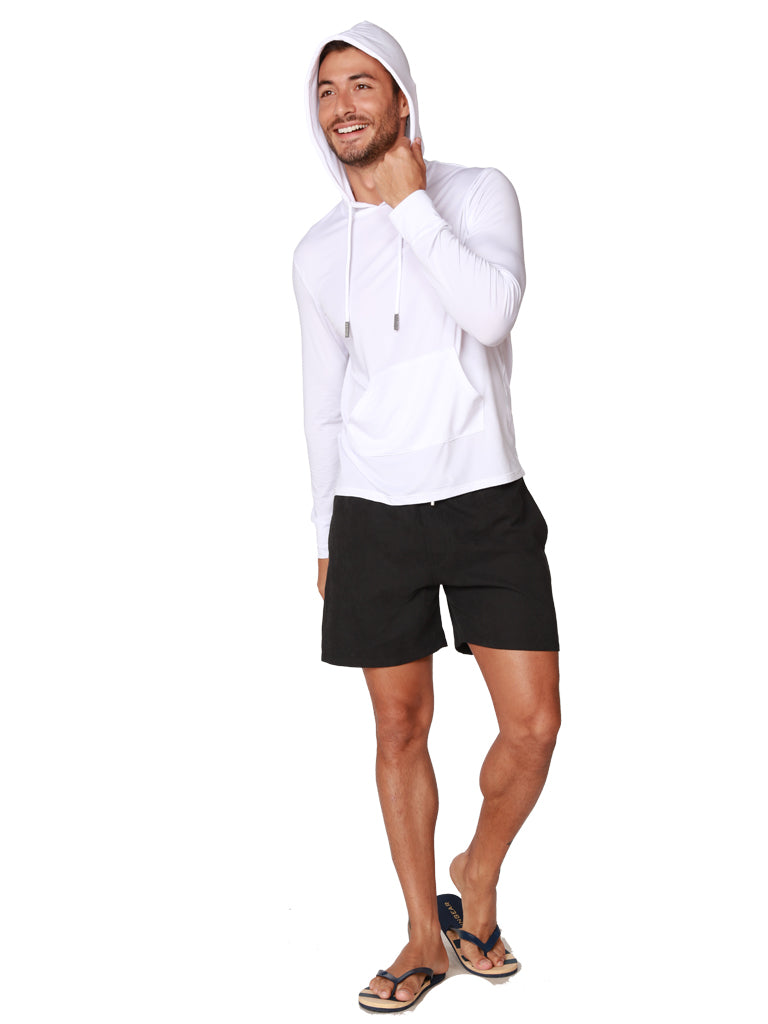 White hoodie with long sleeves and drawstring closure on top, front view