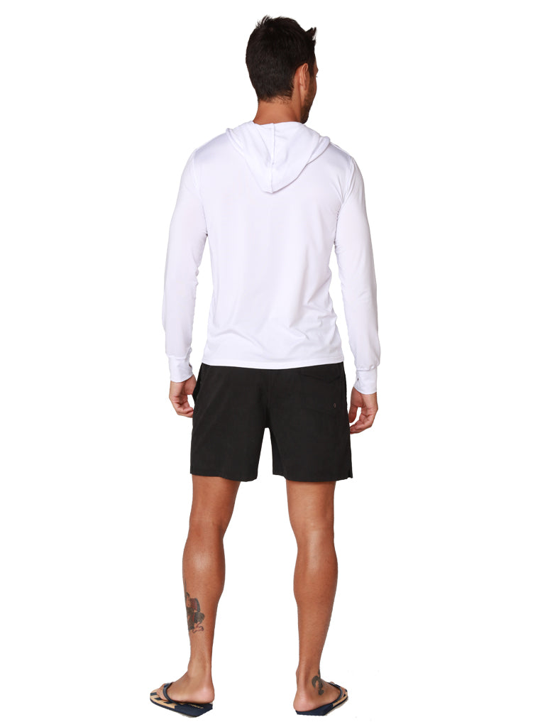 A white hoodie in cool nylon fabric, back view