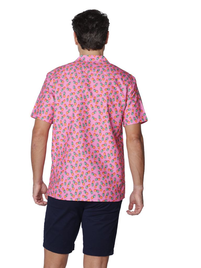 Men's Hawaiian shirt in "pink pineapple" print.