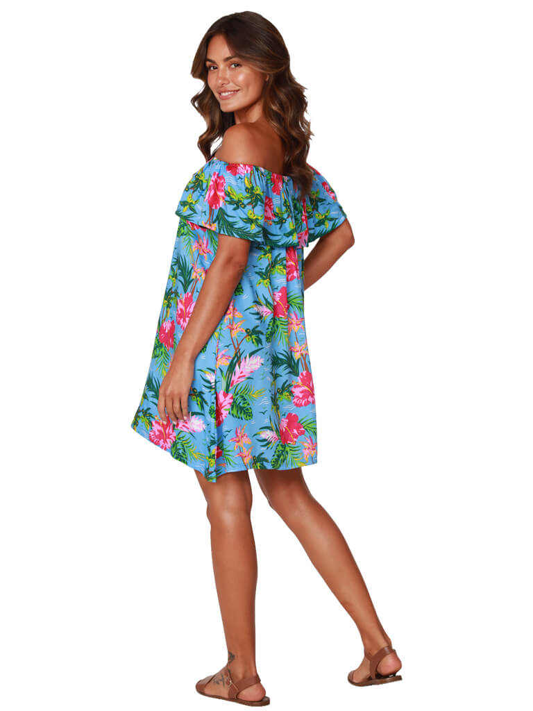The peasant dress, side view, shown in a "Hibiscus Tropical" #566 print