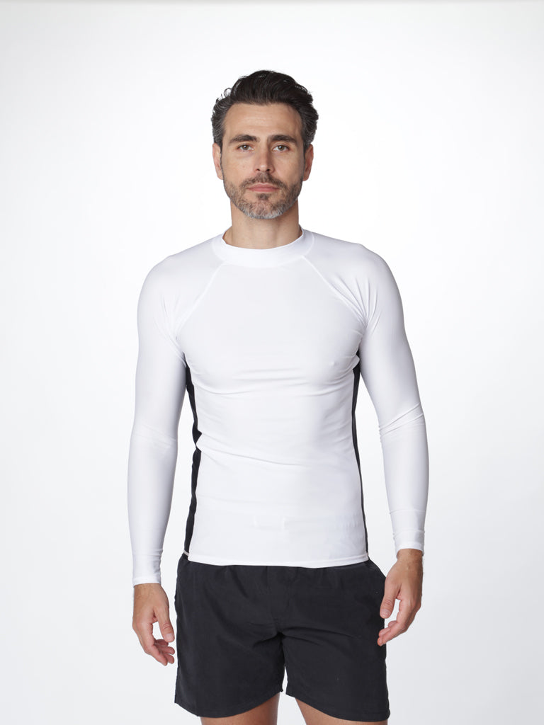 Men's Color-block rash guard, White / Black shown.