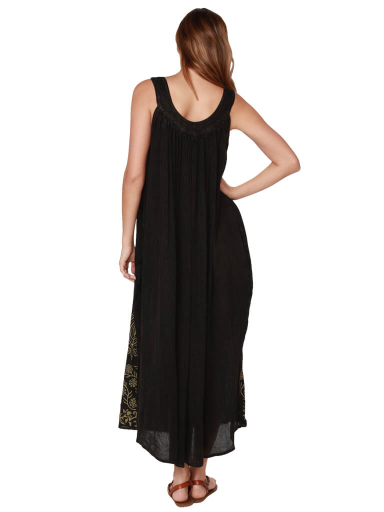 Long rayon crinkle dress with a paisley print and embroidery on the front. Back View