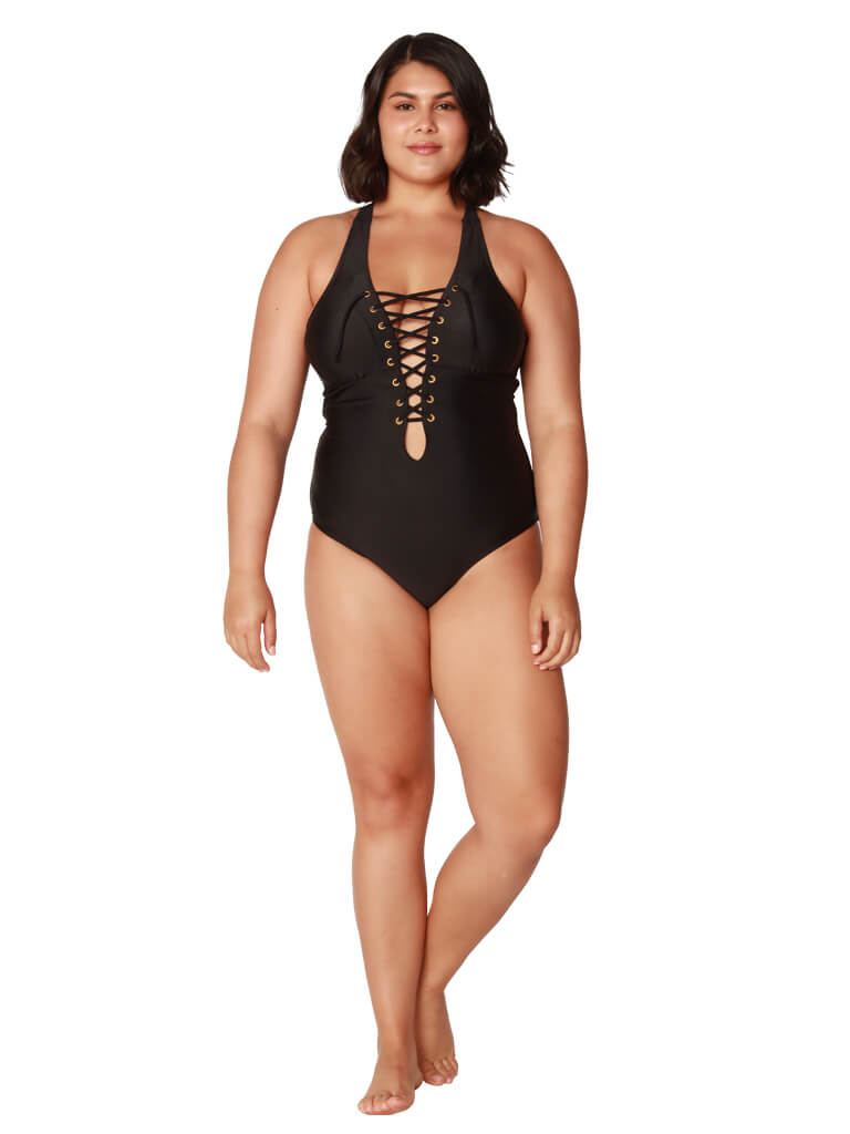 Lace-up front deep v-neck one piece bathing suit – INGEAR