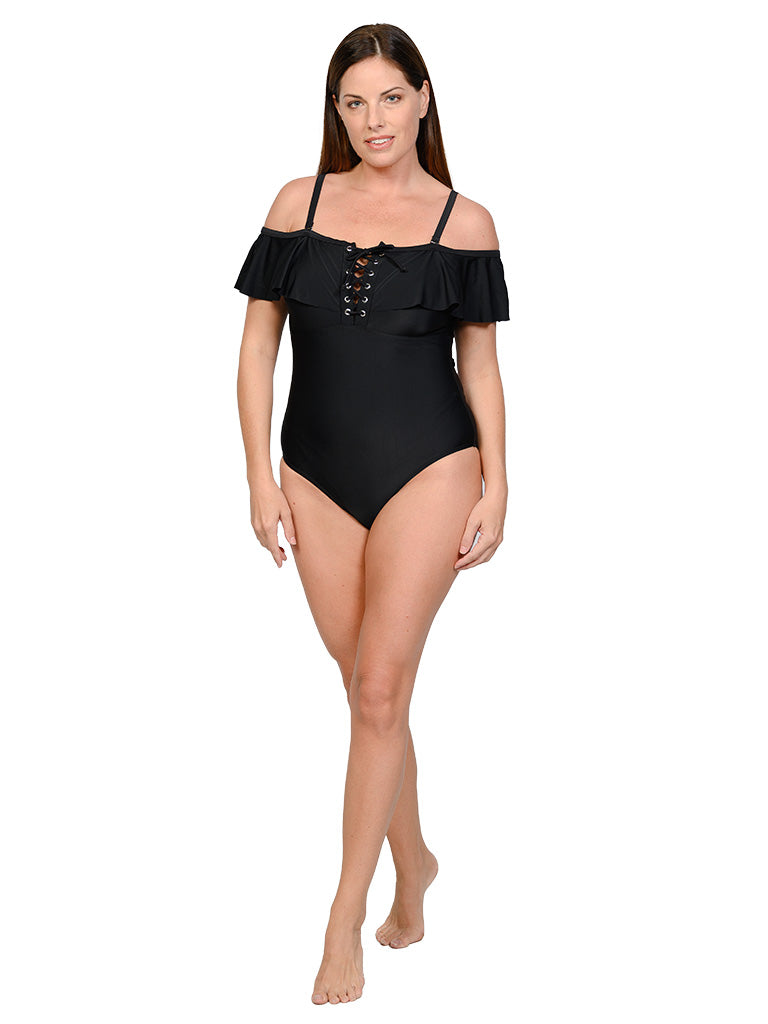 Off-the-shoulder one piece bathing suit