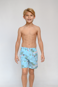 CKLS25 Boys Swim Trunks in a randomized palms print