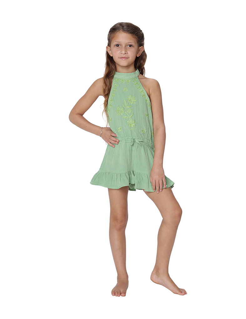 Girl's high neck embroidered romper cover up