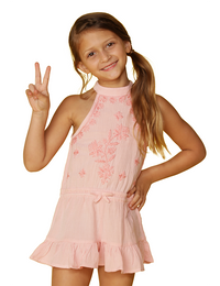 Girl's high neck embroidered romper cover up