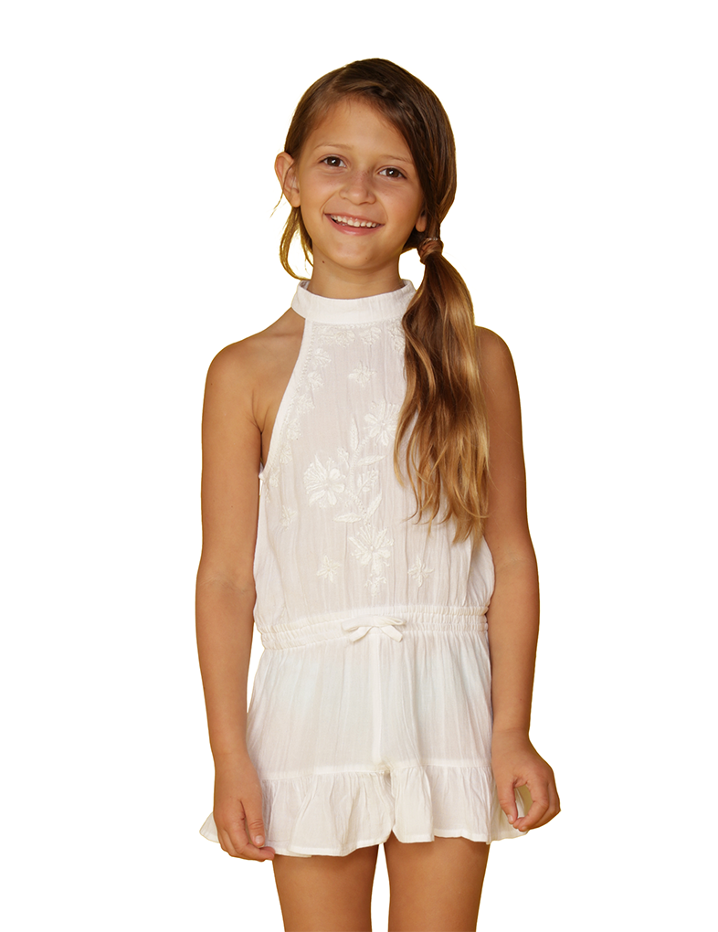 Girl's high neck embroidered romper cover up