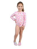 Zip front long sleeve bathing suit unitard for baby girls and toddlers