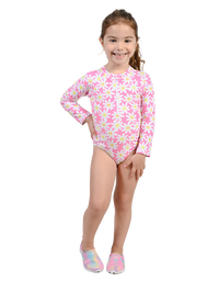 Zip front long sleeve bathing suit unitard for baby girls and toddlers