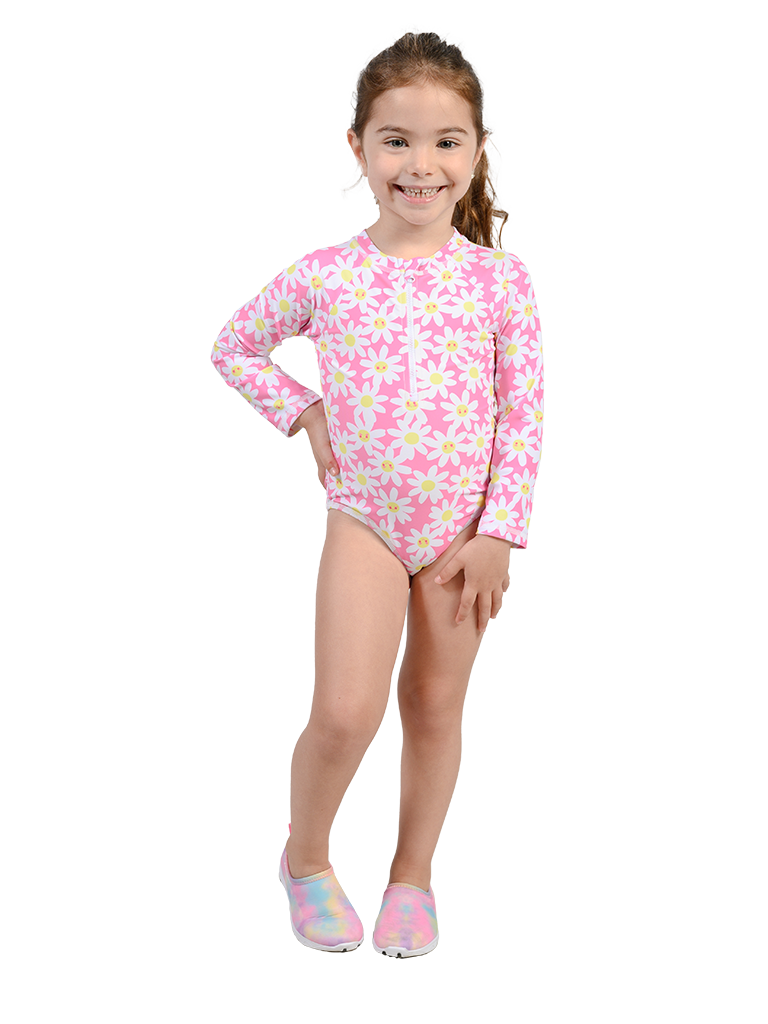 Zip front long sleeve bathing suit unitard for baby girls and toddlers