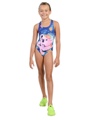 Koala family themed one piece bathing suit in deep blue background with natural fauna