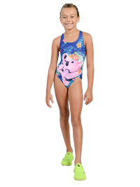 Koala family themed one piece bathing suit in deep blue background with natural fauna