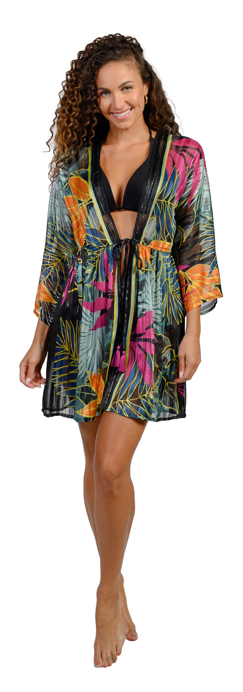 Printed lurex striped tie front cover up