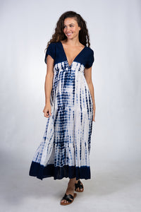 Cap sleeve v-tiered tie dye dress in Navy