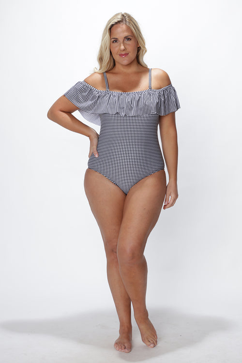 Off-the-shoulder one piece printed swimsuit