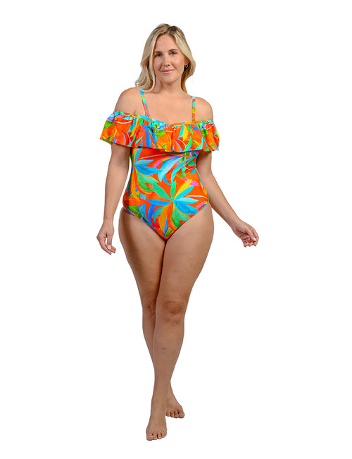 Off-the-shoulder one piece printed swimsuit