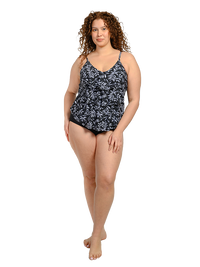 Tiered front tankini with a mid rise bottom in missy sizes