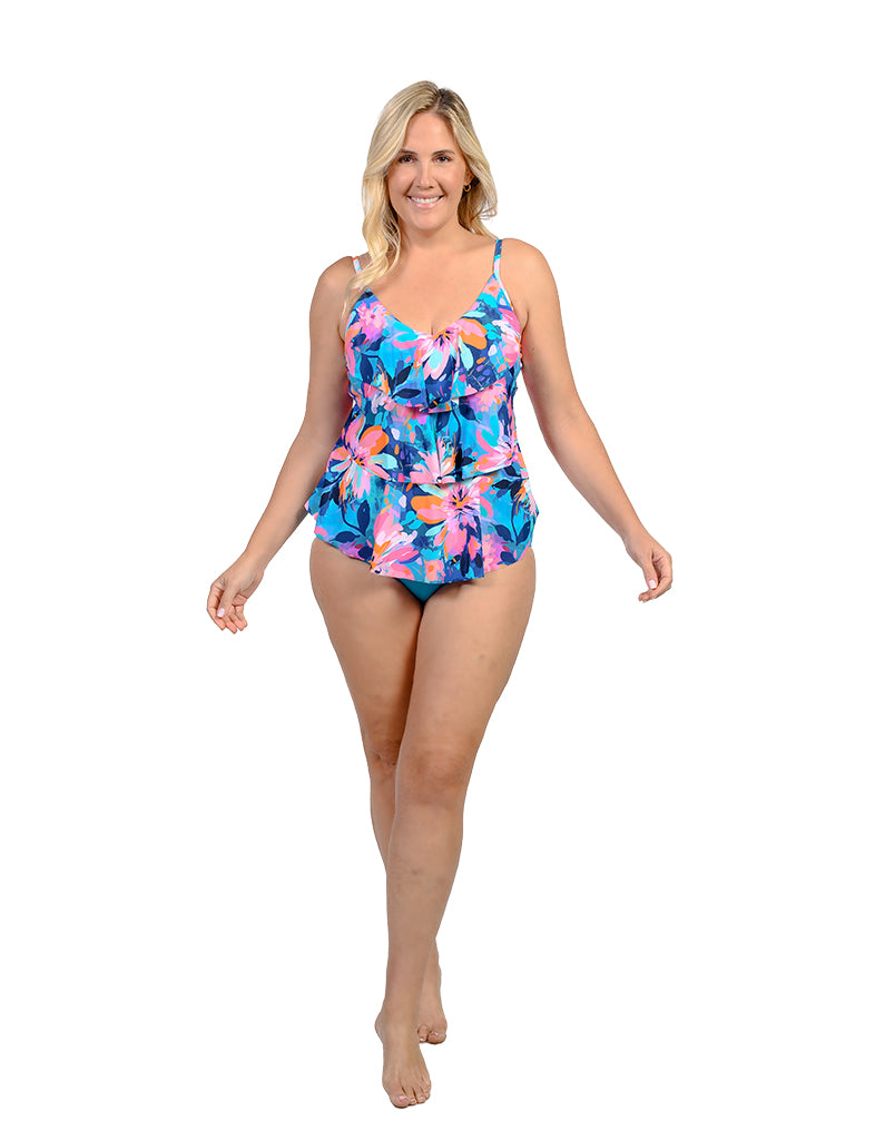 Tiered front tankini with a mid rise bottom in Plus Sizes