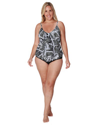 Tiered front tankini with a mid rise bottom in Plus Sizes