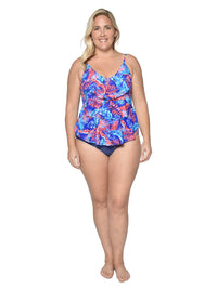 Tiered front tankini with a mid rise bottom in missy sizes