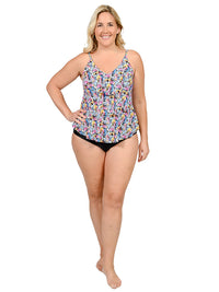 Tiered front tankini with a mid rise bottom in missy sizes