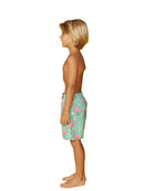 Flamingos and ferns print swim shorts, side view